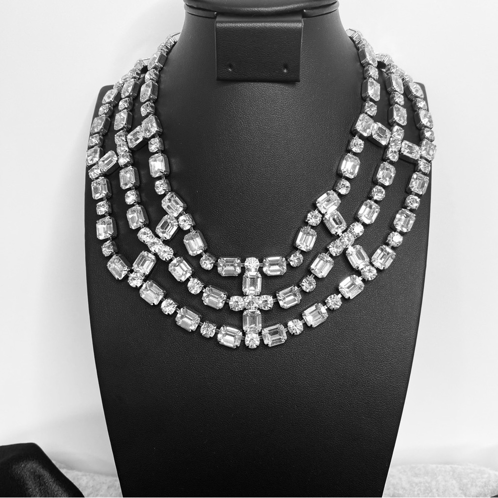 Vintage Rhinestone Three Strand Necklace with Beautifully Set Stones, Very Rare